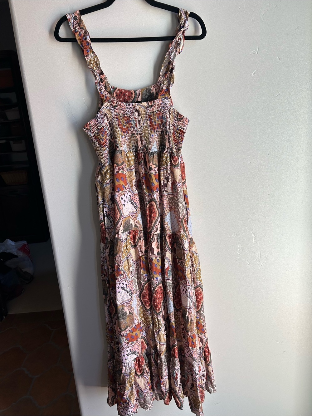 Dex Paisley Medallion Boho Patchwork Midi Dress Smocked Back Cottagecore M - Picture 6 of 6